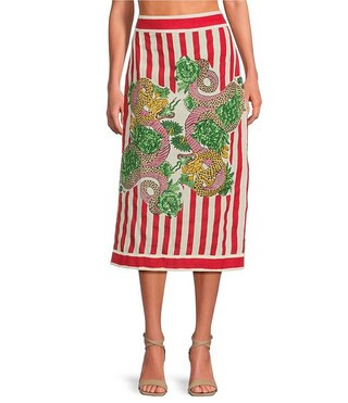 Red Stripe Dragon Print High Rise Pencil Coordinating Midi Skirt | Dillard's