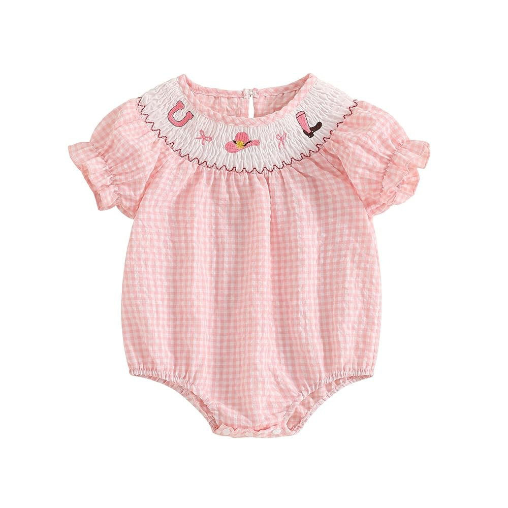 Toddler Baby Girl Summer Clothes Cowgirl Embroidery Smocked Romper Puff Short Sleeve Bubble Onesi... | Amazon (US)