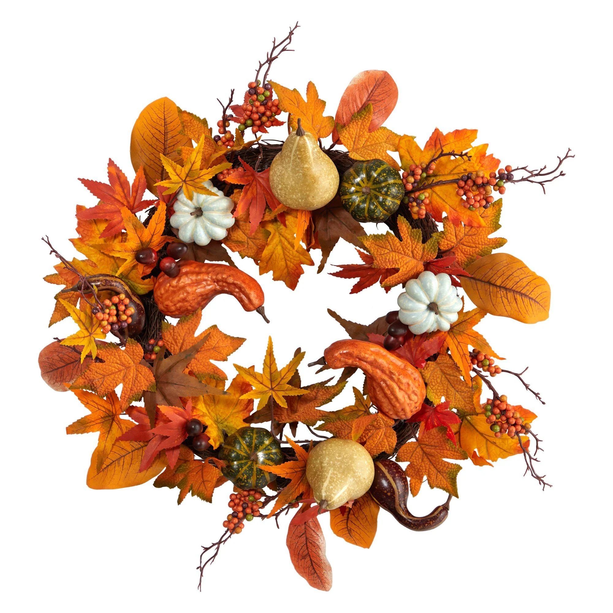 24” Autumn Pumpkin, Gourd and Berries in Assorted Colors Artificial Fall Wreath | Nearly Natura... | Nearly Natural