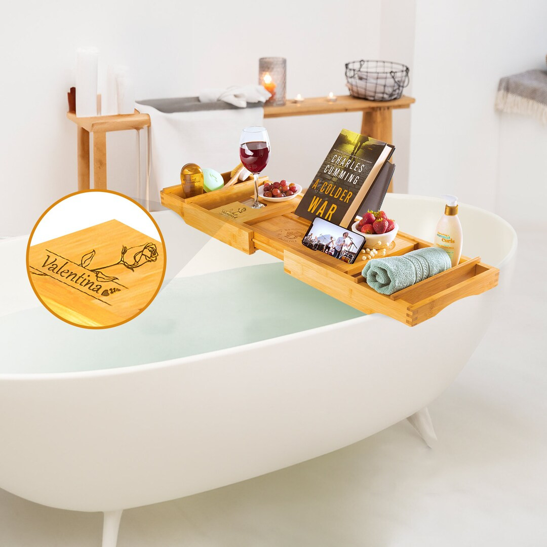 Bathtub Caddy Tray Customized Bamboo Bath Tray Book/ipad Stand, Phone Holder and Wine Glass Slot ... | Etsy (US)