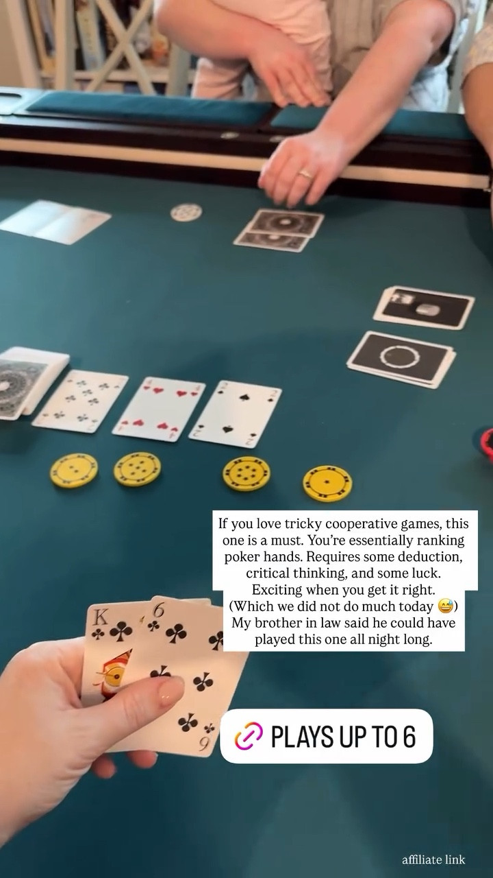 If you love tricky cooperative games, this one is a must. You’re essentially ranking poker hands. Requires some deduction, critical thinking, and some luck.
Exciting when you get it right.
(Which we did not do much today 😅)
My brother in law said he could have played this one all night long. 

#LTKdayinmylife #LTKFindsUnder50 #LTKmomlife