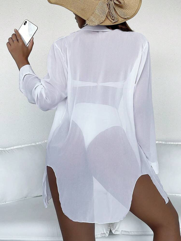 SHEIN Swim Summer Beach Casual Long-Sleeved Blouse For Women Solid Color Beach Vacation Open-Coll... | SHEIN