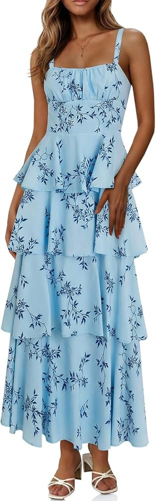 Fisoew Womens Floral Maxi Dresses Spaghetti Strap Casual Sleeveless Ruffle Flowy Tiered Dress | Amazon (US)