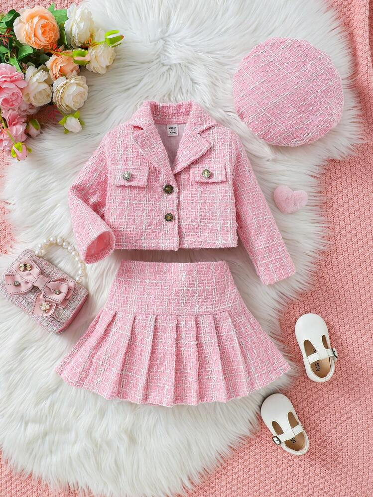 3pcs Set Baby Girls Barbie Pink Tweed Jacket, Pleated Skirt & Beret Hat | SHEIN