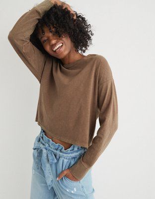 Aerie Boyfriend Long Sleeve Cropped T-Shirt | American Eagle Outfitters (US & CA)