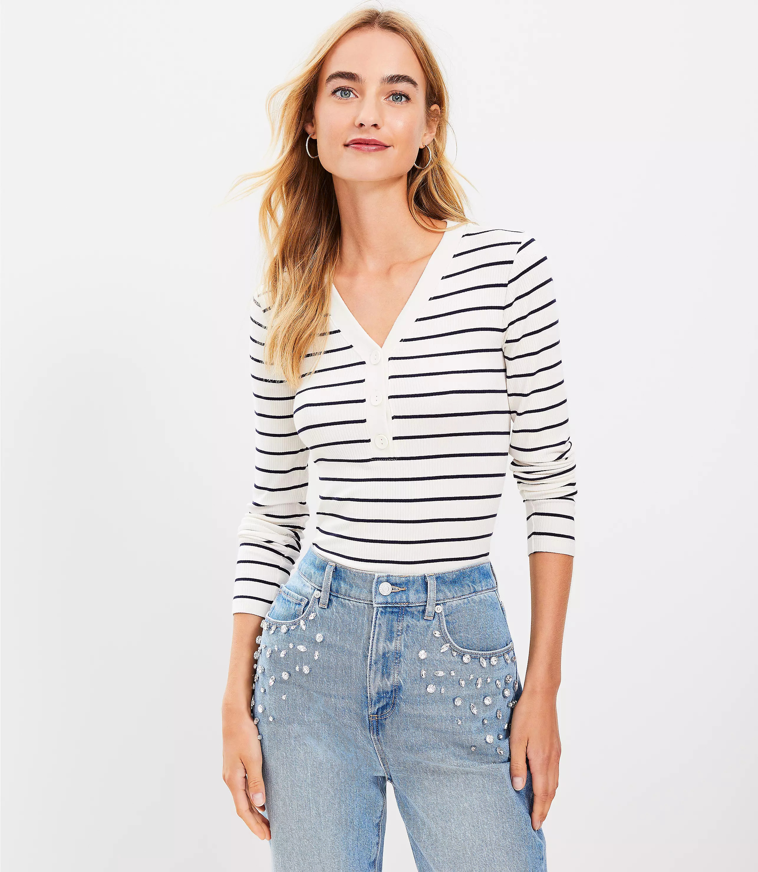 Stripe Ribbed V-Neck Henley Top | LOFT