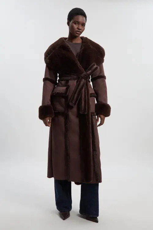 Karen Millen Faux Shearling Belted Maxi Coat in Chocolate at Nordstrom, Size 12 | Nordstrom