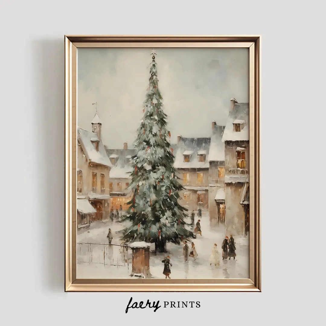 Winter Village Print Vintage PRINTABLE Wall Art Traditional Christmas Tree Painting Sage Green Ch... | Etsy (US)