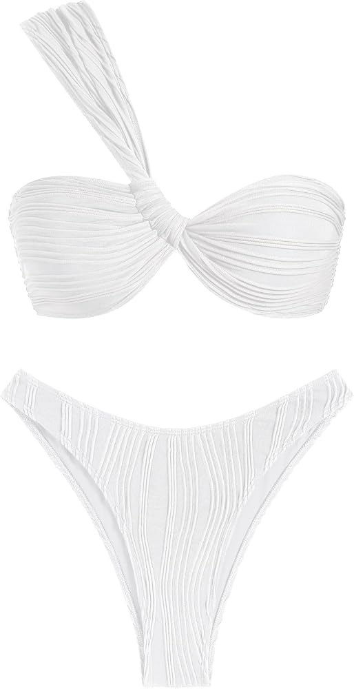 ZAFUL Women's One Shoulder Bikini Twisted Ruched High Cut Bandeau Bikini Set Two Piece Swimsuit | Amazon (US)