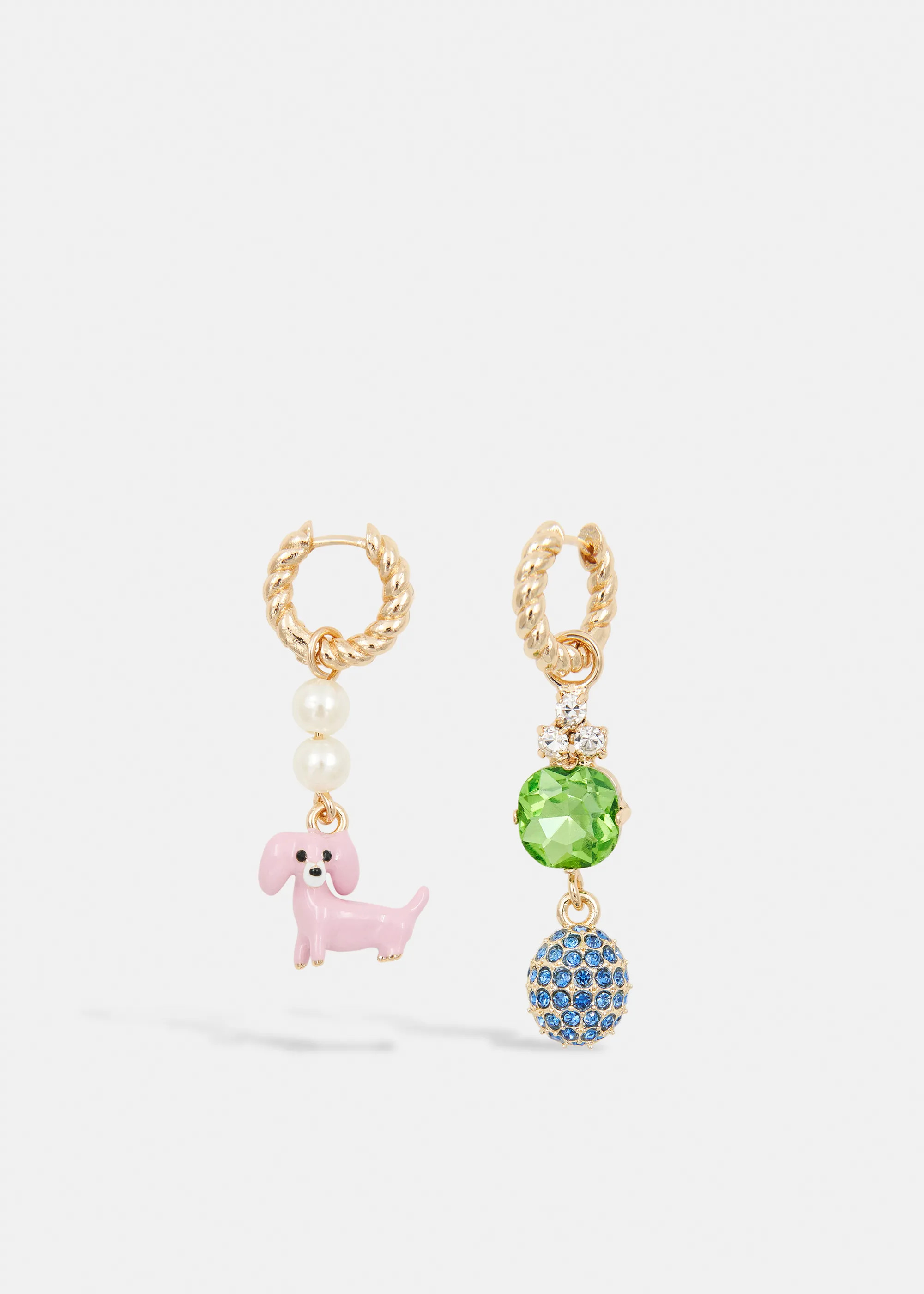 Gold earrings with pink dachshund and green and blue rhinestones | Essentiel Antwerp United State... | Essentiel Antwerp