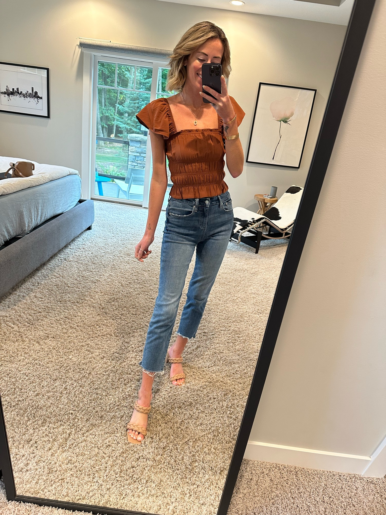 Abercrombie smocked top
Sandals braided and ankle straight leg denim 
Fall outfits 

#LTKSale