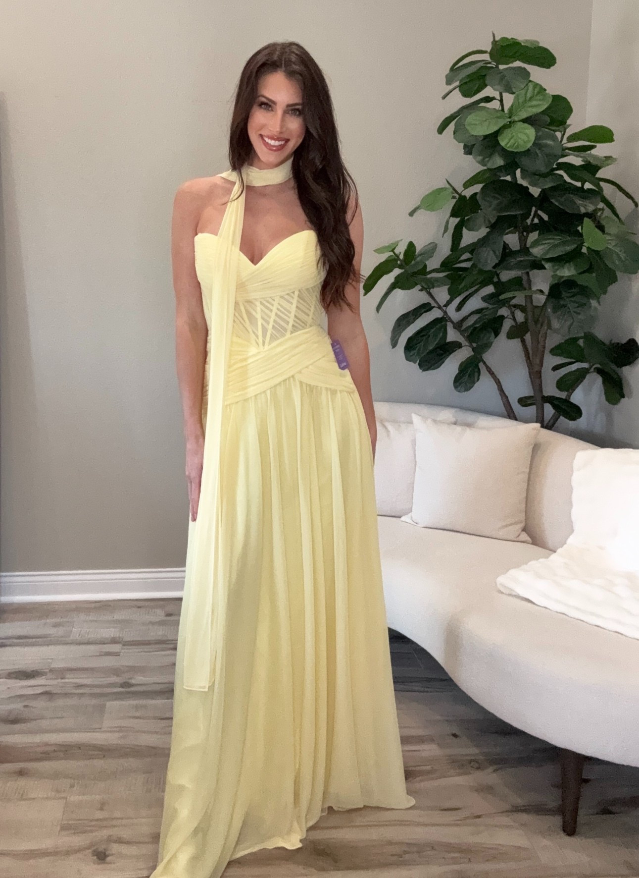 Buttery yellow chiffon bustier dress with a removable scarf that elevates the whole look. This would be perfect as a wedding guest dress, #bridesmaid dress, formal, or prom dress! #butteryellow #dress #springdress 

#LTKgrwm #LTKSeasonal #LTKootd