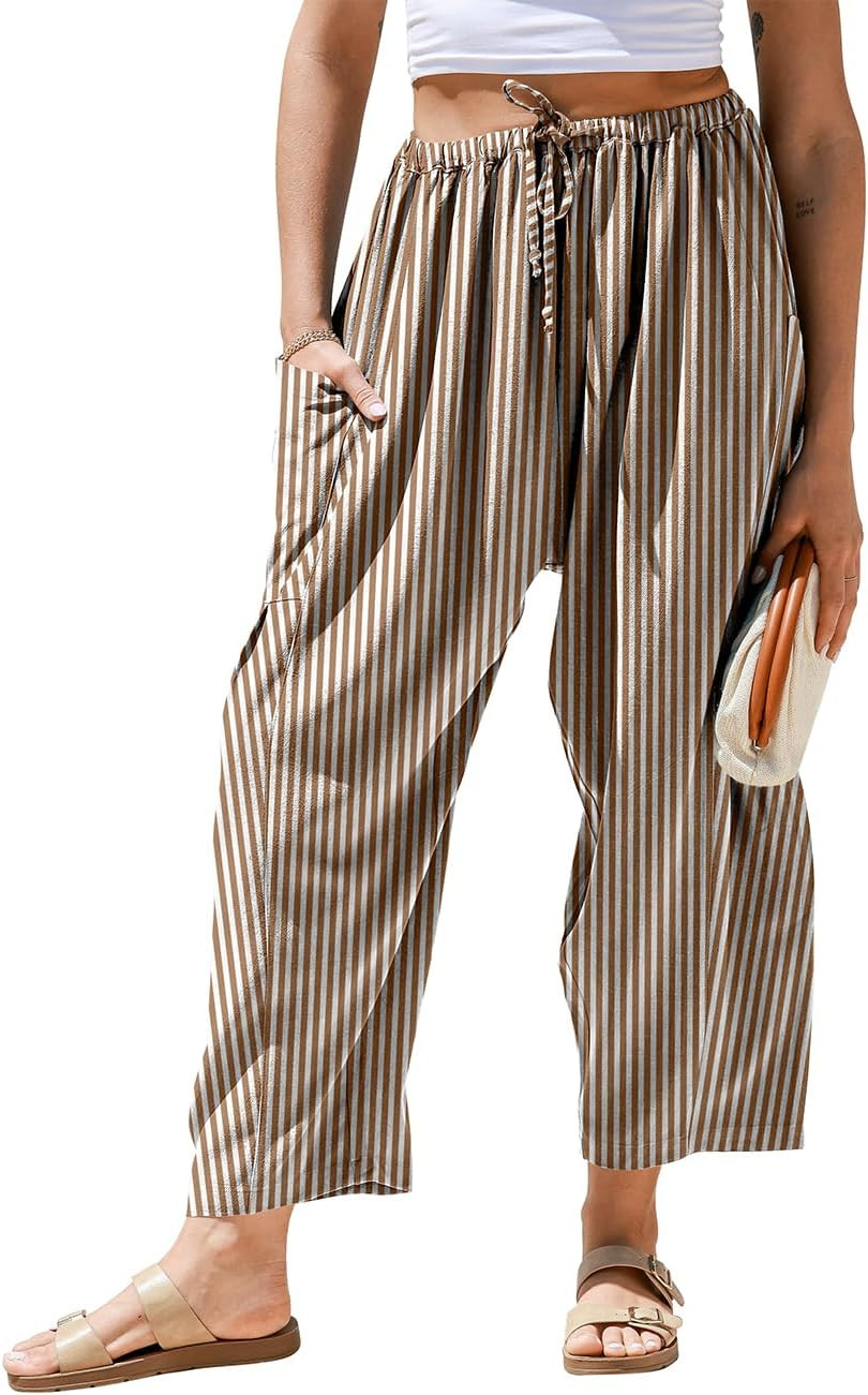 TARSE Womens Linen Wide Leg Striped Pants Casual Barrel Palazzo Harem Pants | Amazon (US)