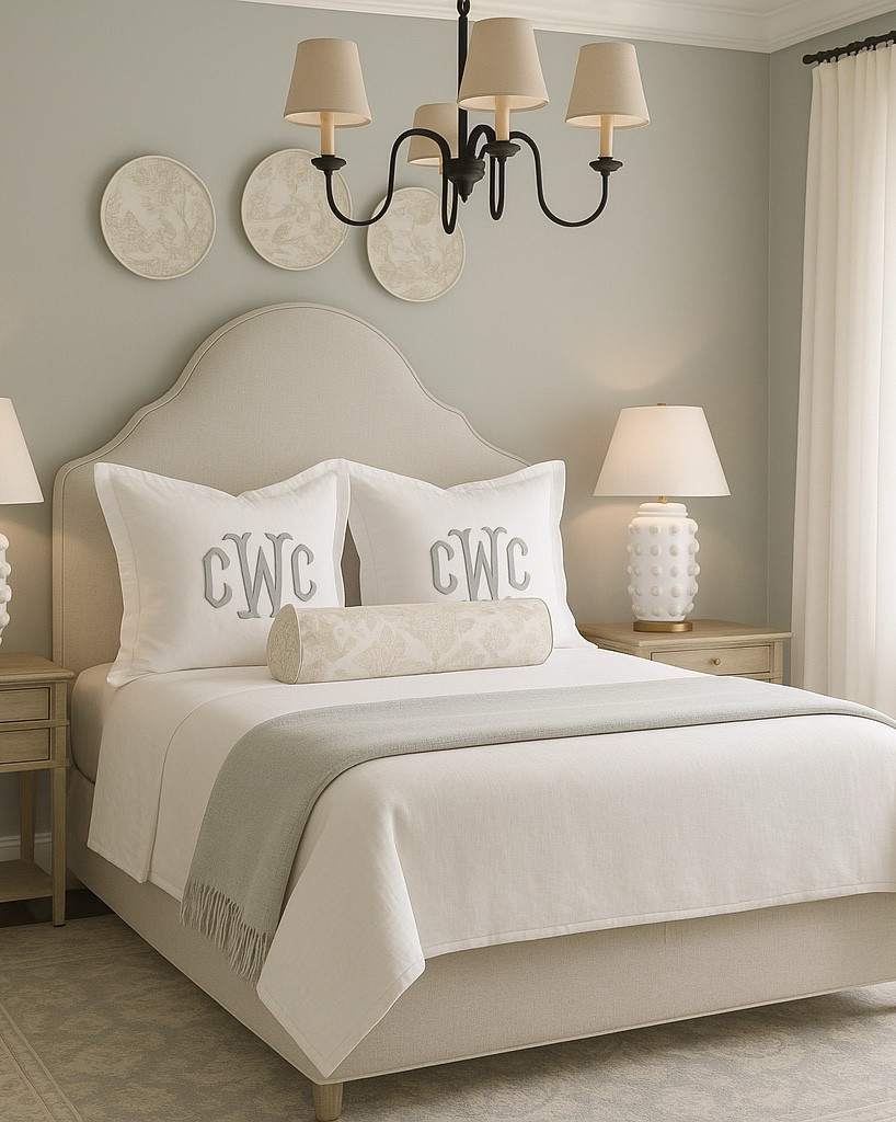 New Primary bedroom design! Just playing around with redecorating my bedroom, and came up with this concept!

Monogrammed euro shams, divers and shams with flange. Hobnail lamps, bedside tables, arched headboard, chandeliers, bolster pillow, linden lamp

#LTKHome