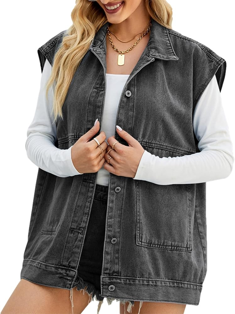 Denim Jean Vest for Women Oversized Sleeveless Mid Long Button Down Denim Waistcoat | Amazon (US)