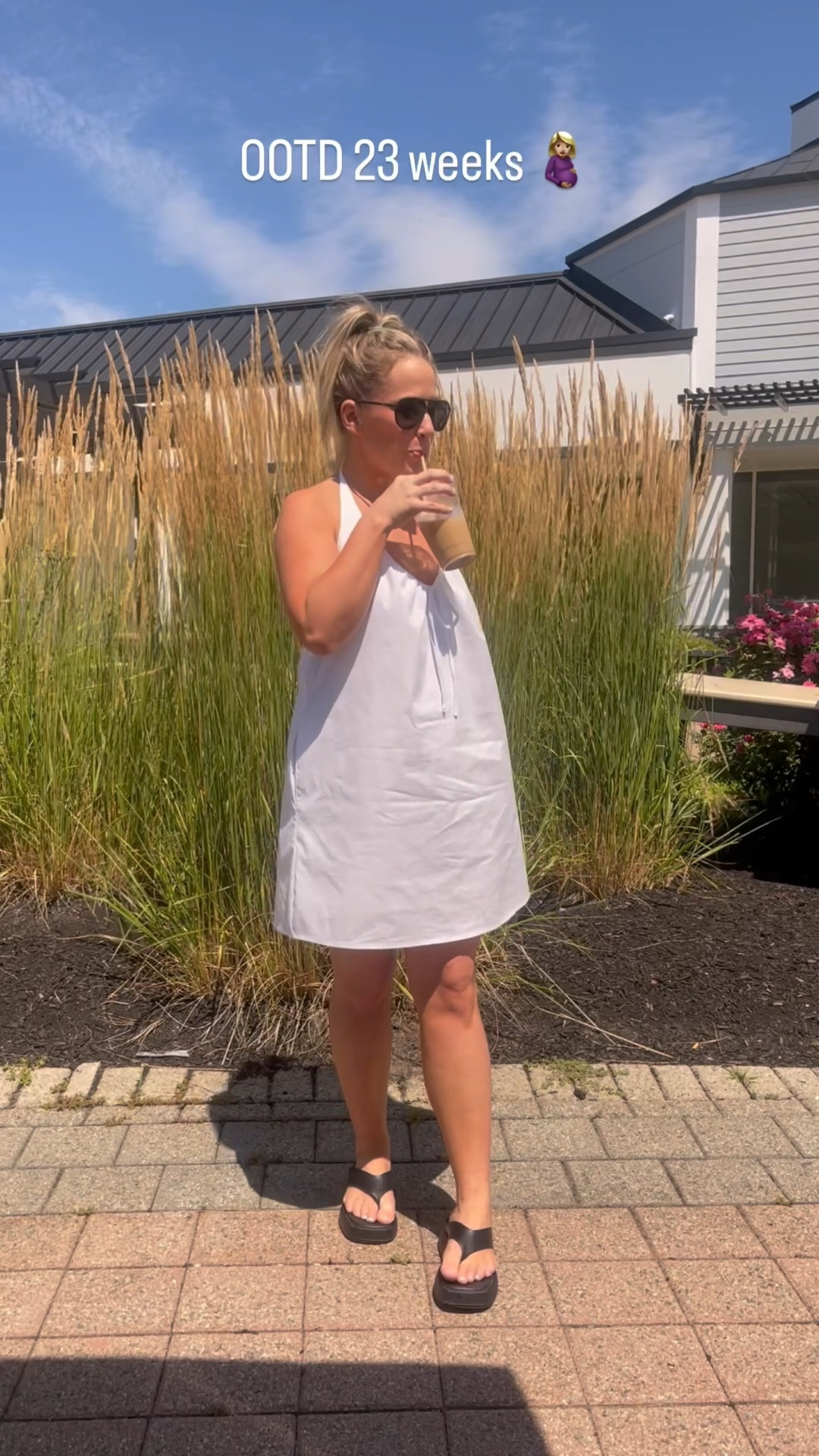 Light summery white halter dress 
This is lined! I’m wearing a small 5 months preg- tts to runs large 
Goodr aviator sunglasses
Leather platform black square toed sandals 

#LTKSeasonal #LTKPetite #LTKBump