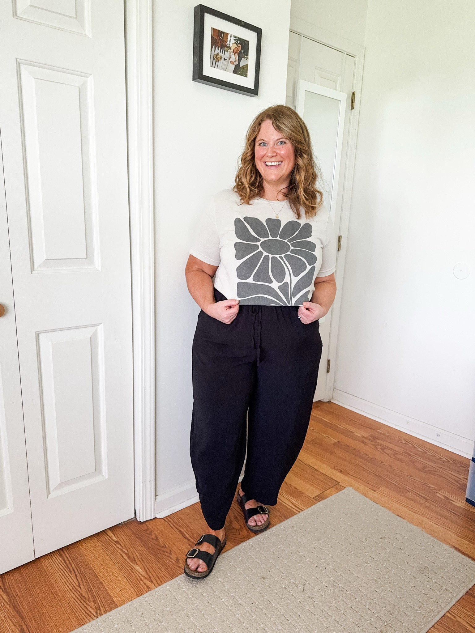 Warm weather teacher outfit - graphic tee and comfy pants.  Wearing a large in my tee - you can use STEPHSHARES20 to save.  Wearing an XL in my pants.

#LTKWorkwear #LTKMidsize #LTKPetite