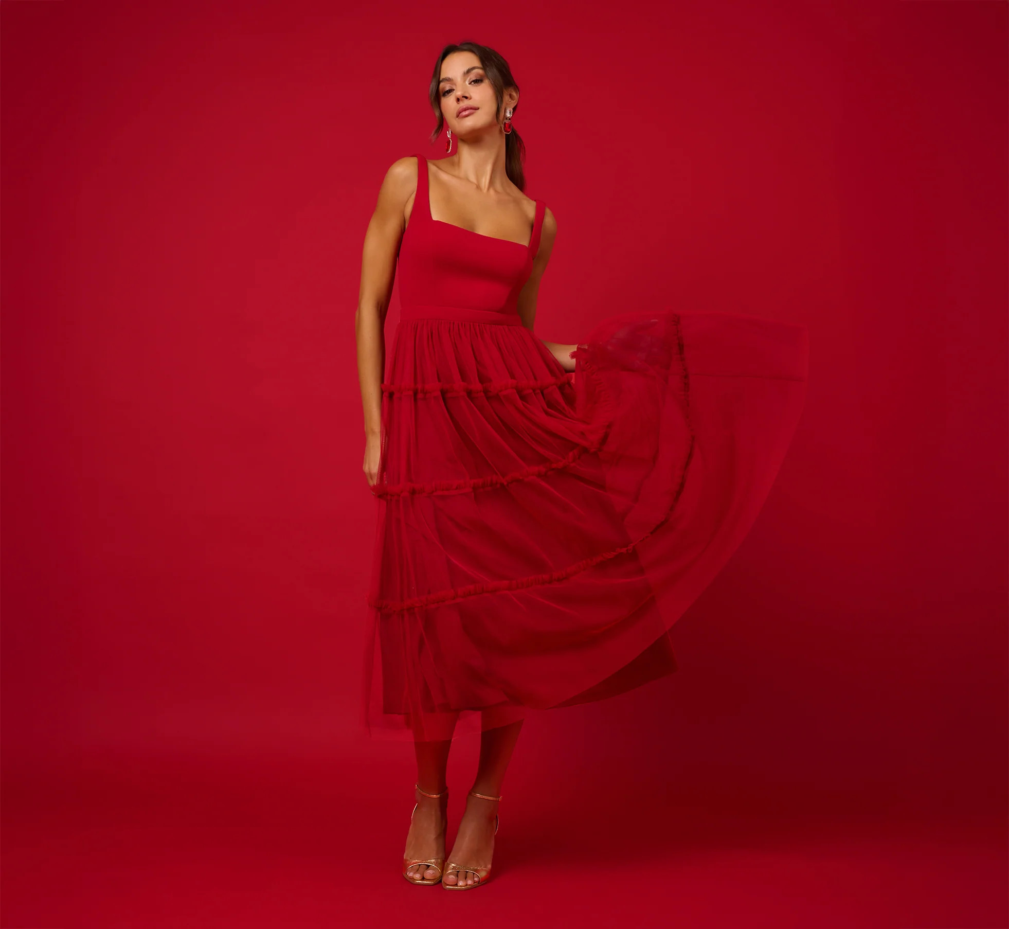 Sleeveless Midi Dress With Square Neck And Tiered Skirt In Matador Red | Adrianna Papell