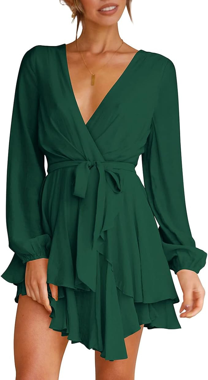 Womens Cocktail Dress Deep V-Neck Long Sleeve Tie Waist Flowy Dresses Green XS at Amazon Women’... | Amazon (US)