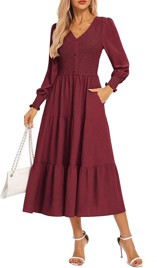 Kate Kasin Womens Long Sleeve Mixi Dress, Smocked Work Dress with Pockets, Elegant Fall Dresses 2... | Amazon (US)