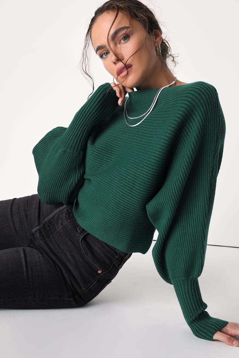 Classically Cozy Dark Green Ribbed Dolman Sleeve Cropped Sweater | Lulus (US)