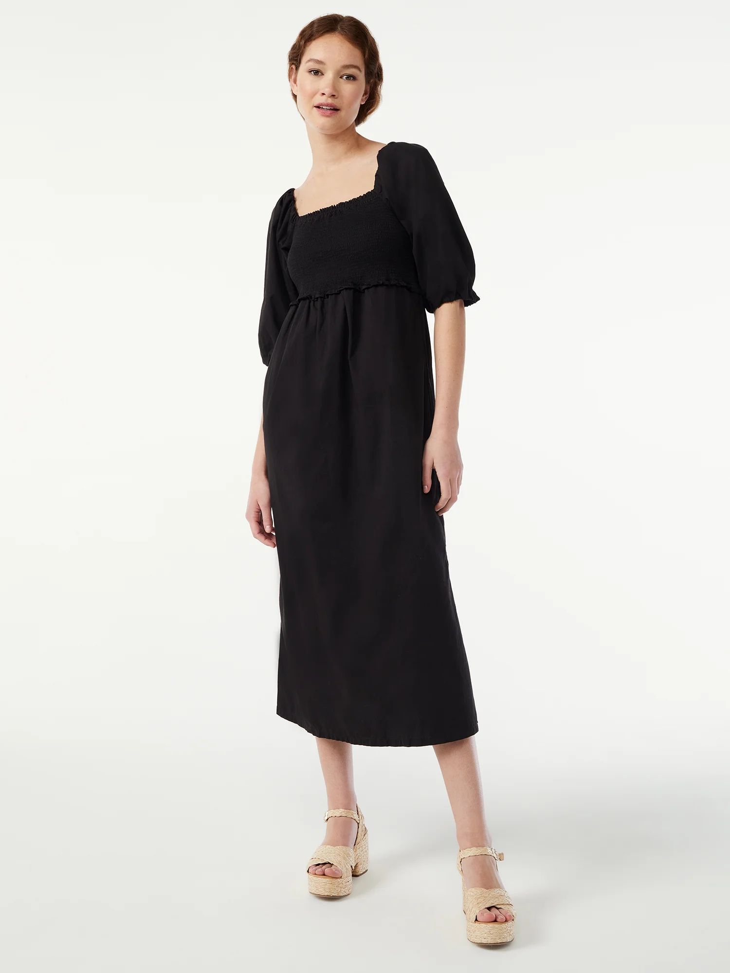 Free Assembly Women's Smocked Midi Dress with Convertible Sleeves | Walmart (US)