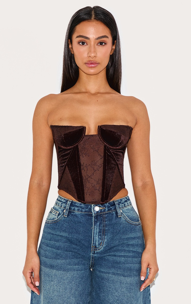 Petite Chocolate Bandeau Velvet Corset With Lace Details | PrettyLittleThing US