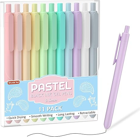 Amazon.com: Retractable Pastel Gel Ink Pens, Shuttle Art 11 Pack Black Ink Pens, Cute Pens 0.5mm ... | Amazon (US)
