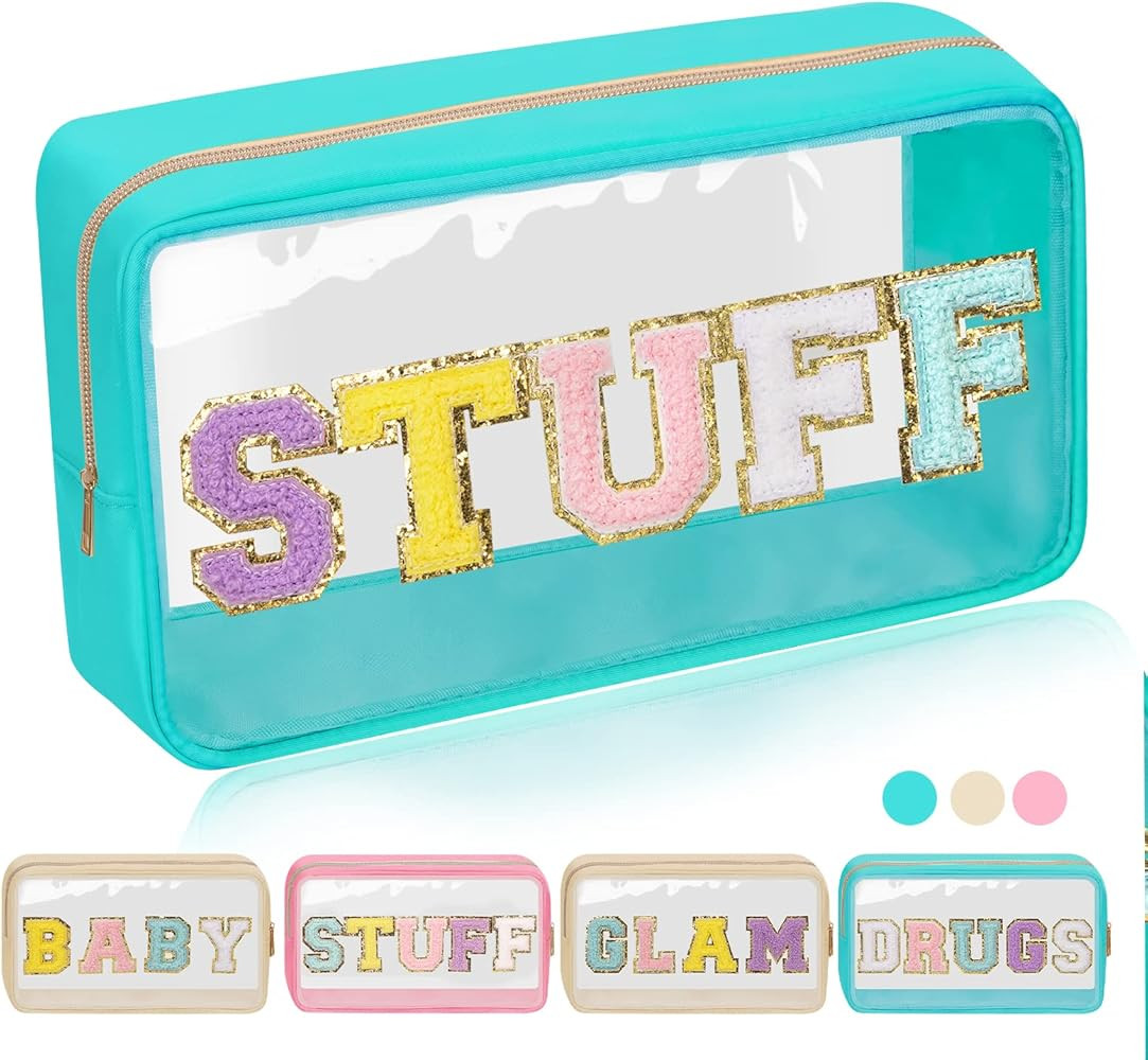Preppy Patch Clear Makeup Stuff Bag, Women Chenille Letter Cosmetic Bag for Travel, Nylon Waterpr... | Amazon (US)