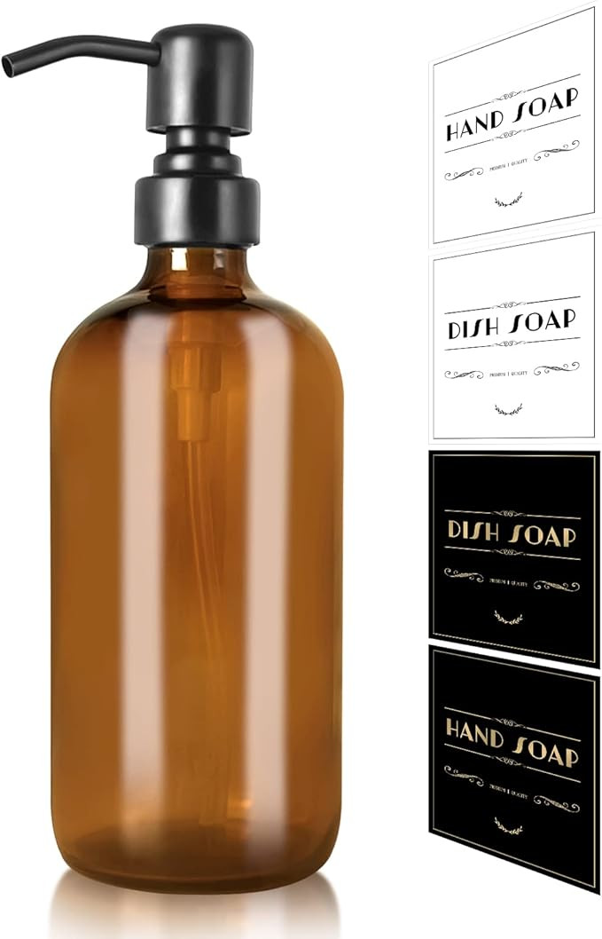 Amber Glass Soap Dispenser, Brown Vintage Thick Glass Bottle with Rustproof Matte Black Stainless... | Amazon (US)
