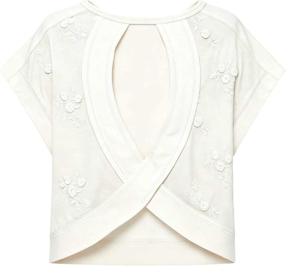 Women's Lace Embroidered Short Sleeve Tops Open Back Workout Yoga Shirts Casual Blouses | Amazon (US)