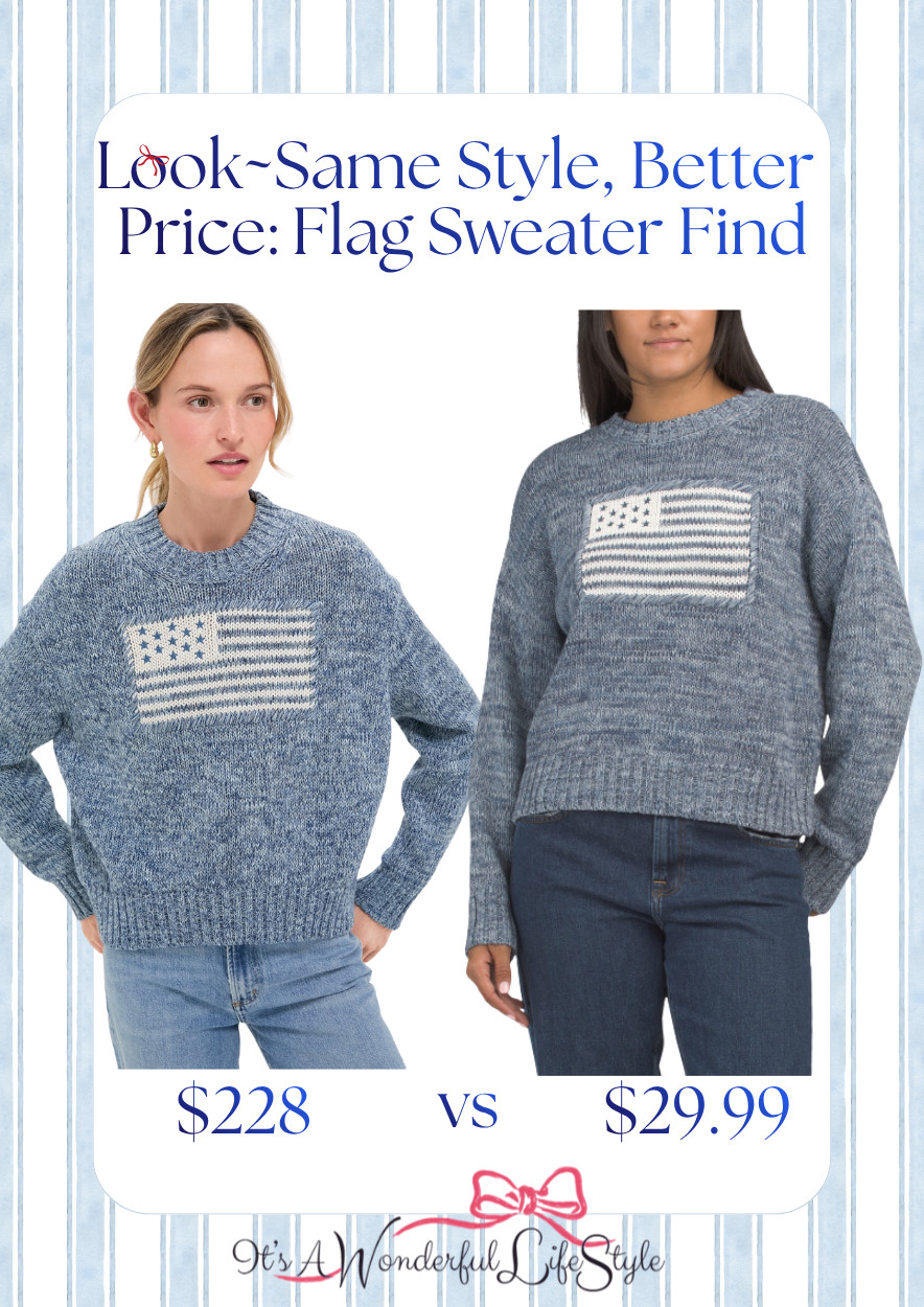 **Same Style, Better Price: Flag Sweater Find**

Obsessed with this classic flag sweater look… but not the price tag. I found a *so good* look for less that gives you the same cozy, all-American vibe without the splurge!

Perfect for cool summer nights, holiday weekends, and those effortless everyday outfits ❤️🤍💙

Tap to shop both options + see how they compare… because saving money and looking cute is always a win!
 

 #LTKSeasonal #LTKSaleAlert