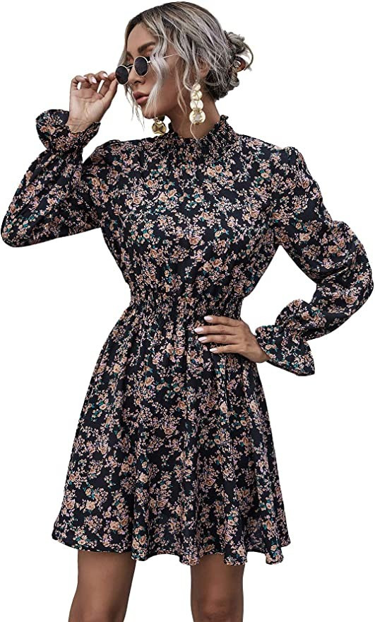 Floerns Women's Mock Neck Long Sleeve Floral Print Ruffle Short Dress | Amazon (US)