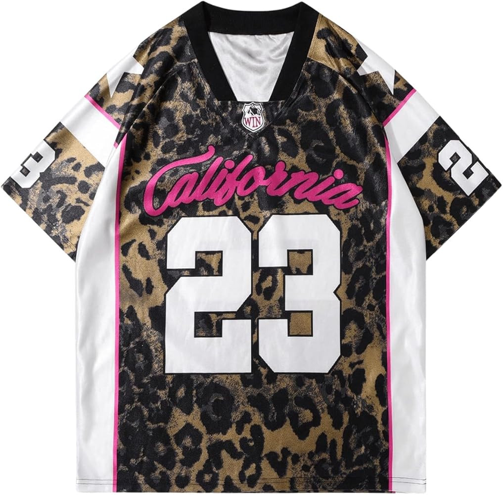 WDIRARA Men's Cheetah Letter Graphic Tees Oversized V Neck Short Sleeve Jersey T Shirt Tops | Amazon (US)