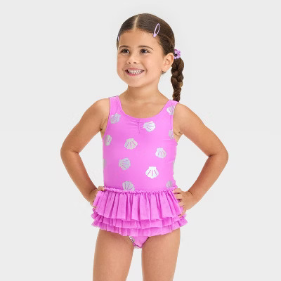 Toddler Girls' Seashell Printed Tutu One Piece Swimsuit - Cat & Jack™ Purple 4T: UPF 50+, Ruffles, Keyhole Back | Target
