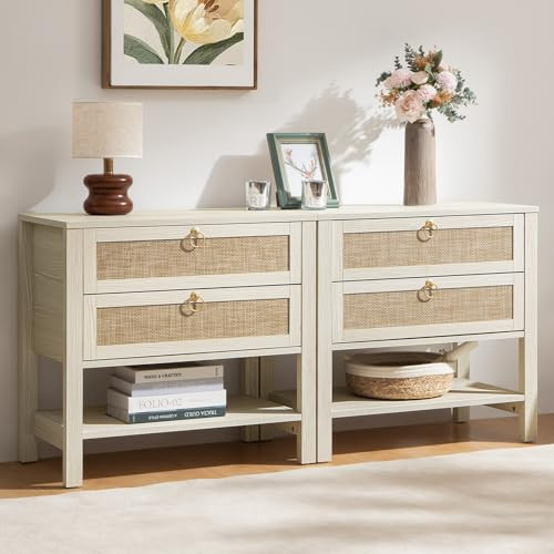 SICOTAS White Night Stand Set of 2, Large Nightstand with Drawers and Storage Shelf - Rattan Boho Bedside Table Narrow Side Table for Bedroom, Small Space | Amazon (US)