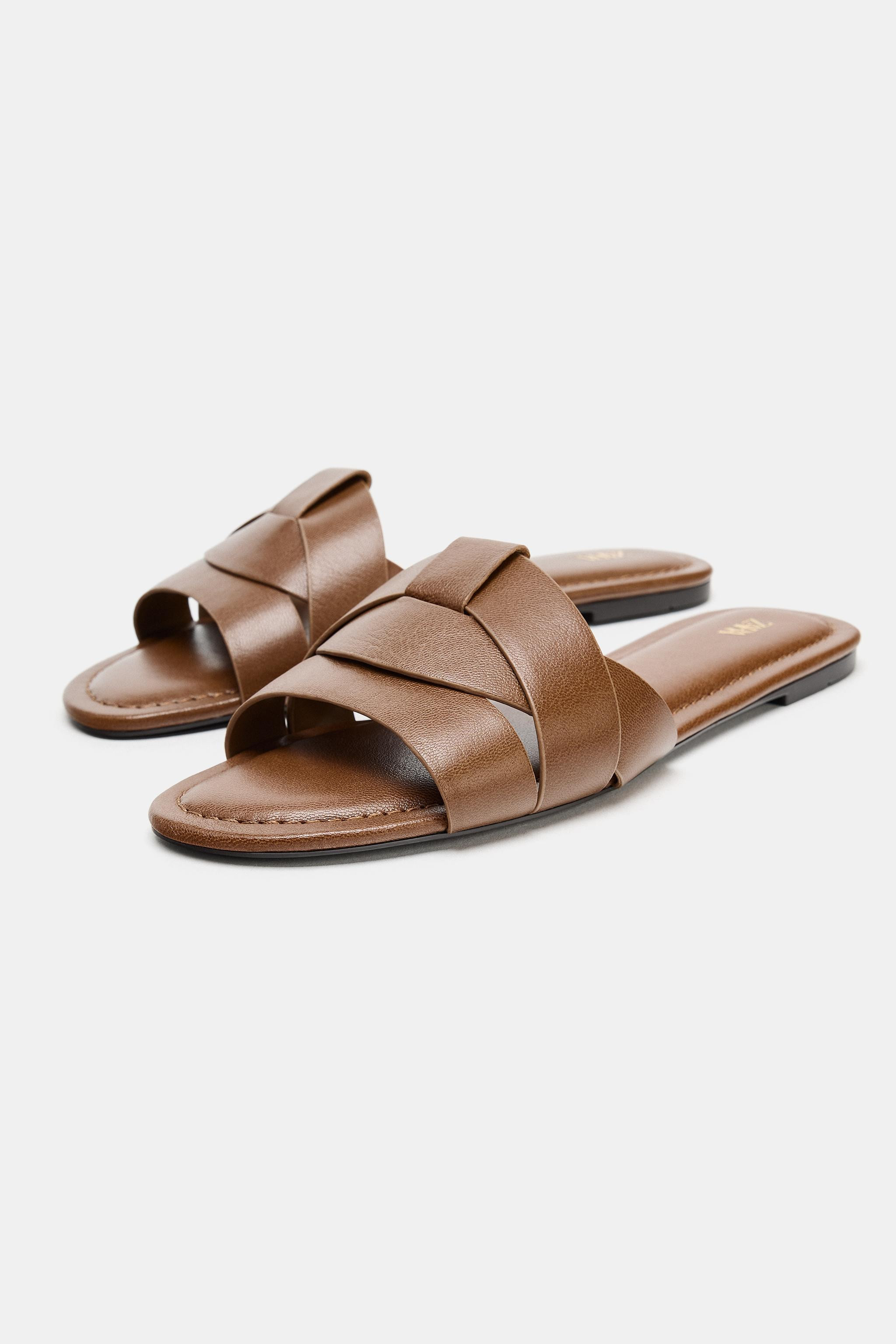 LEATHER CROSSED STRAP FLAT SANDALS | Zara US