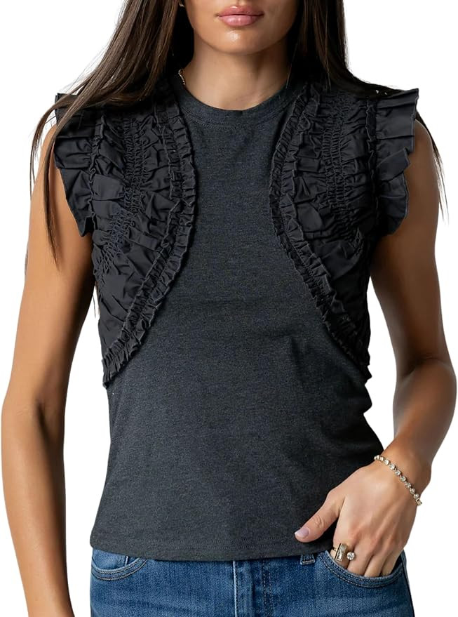 Women's Ruffle Tank Top Crew Neck Sleeveless Ruched Ruffle Blouse 2026 Summer Casual Shirt Tops | Amazon (US)