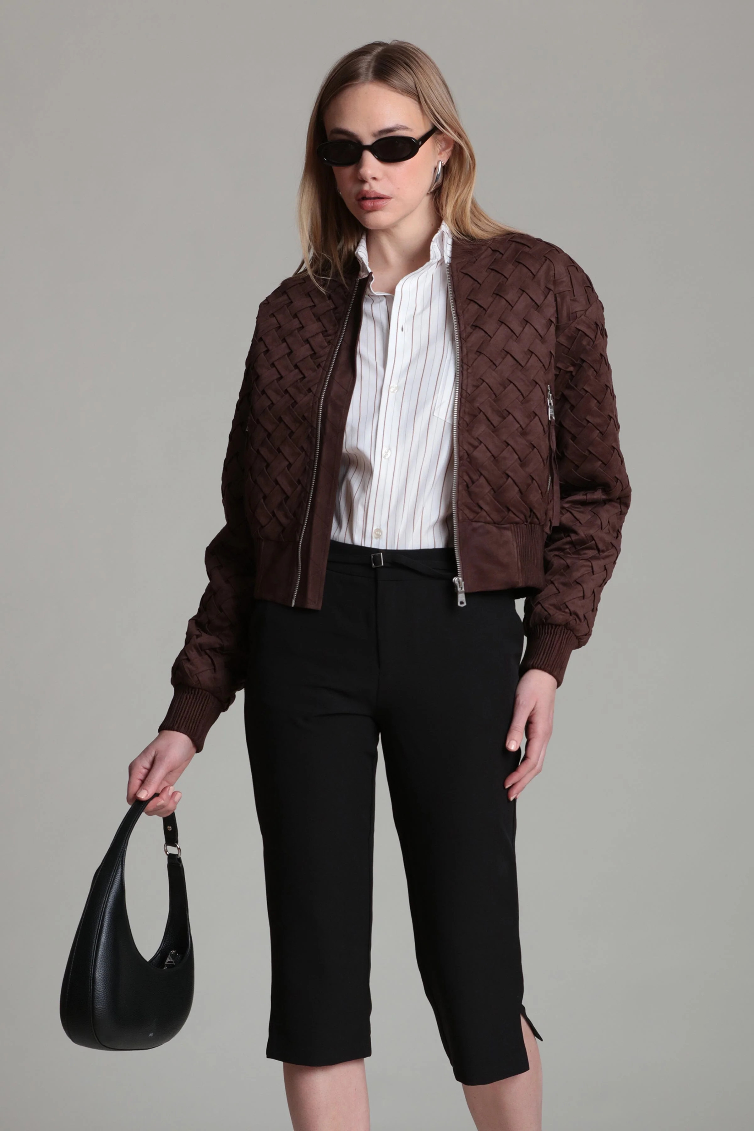 Faux Suede Woven Bomber Jacket | Avec Les Filles