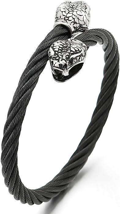Mens Snake Bangle Stainless Steel Twisted Cable Cuff Bracelet Silver Color with Cubic Zirconia | Amazon (US)