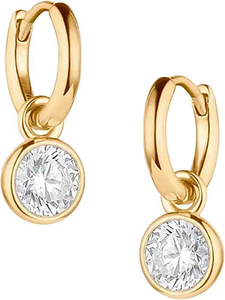 18k Gold Bezel Drop CZ Huggies Earrings | 5mm Round Cubic Zirconia Huggies, Everyday Wear, Lightw... | Amazon (US)