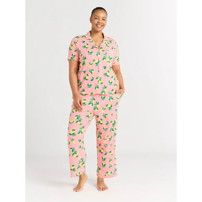 Joyspun Women's Short Sleeve Notch Collar Knit Top & Capri Pajama Set, 2-Piece, Sizes XS-3X | Walmart (US)