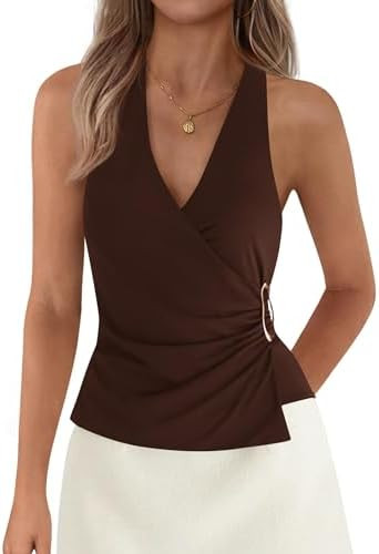 PRETTYGARDEN Sleeveless Vneck Tie Halter Tops for Women | Soft Breathable Stretchy Knit,Slim Fitt... | Amazon (US)