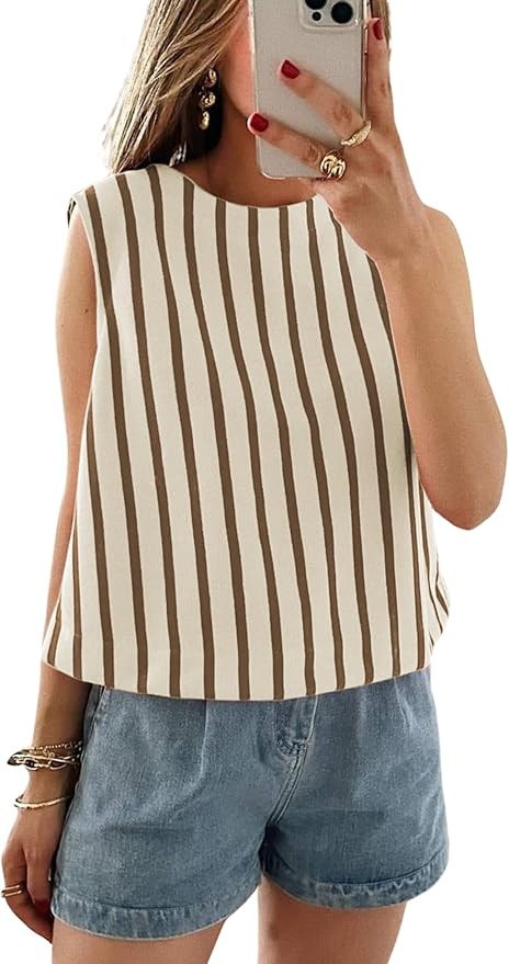 Xiaoxuemeng Womens Striped Top Sleeveless Cotton Tank Top Crewneck Casual Summer Vests | Amazon (US)