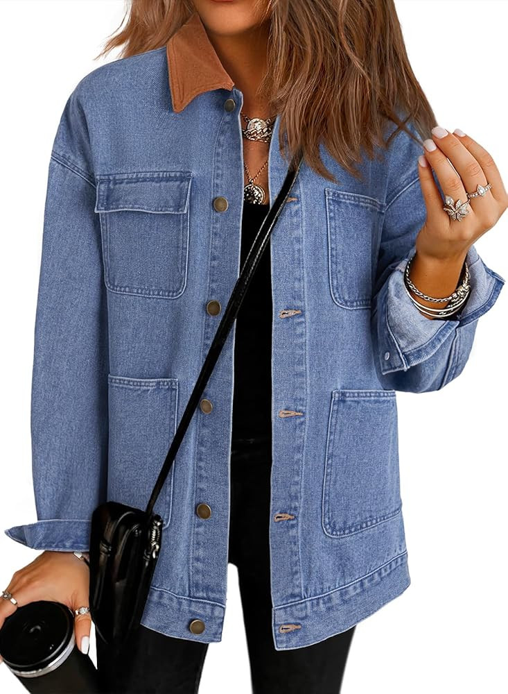 Dokotoo Jean Jacket Women Trendy Fall Fashion Long Sleeve Denim Jacket Color Block Barn Jackets O... | Amazon (US)