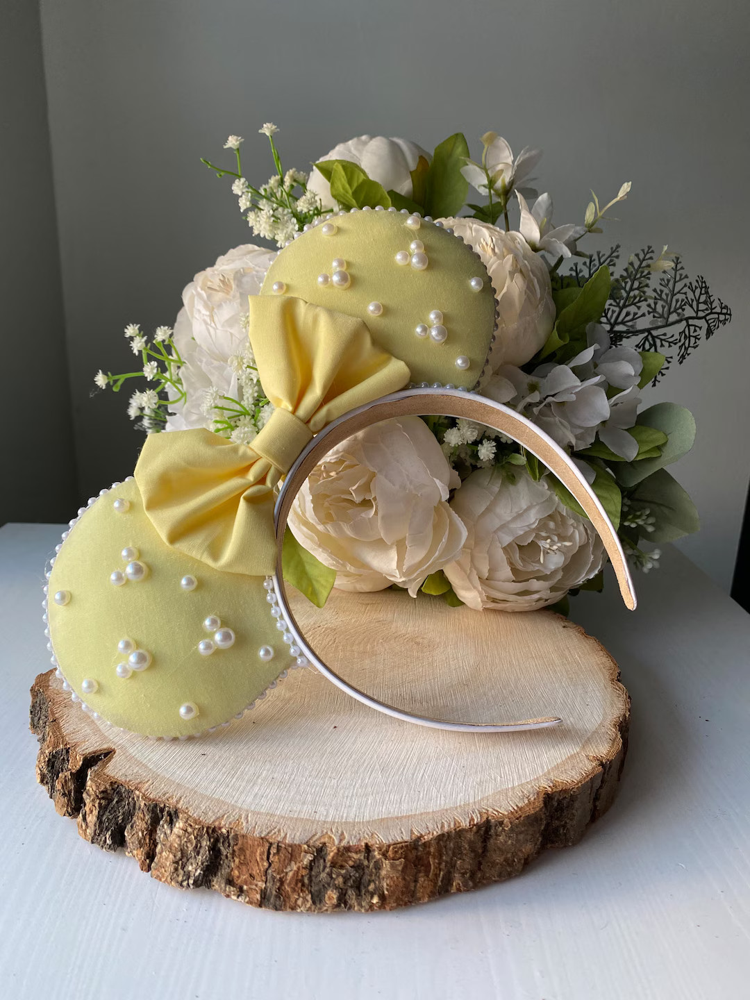 Pastel Yellow Ears With Pastel Yellow Bow and Embellished Pearls - Handmade Ears - Etsy | Etsy (US)