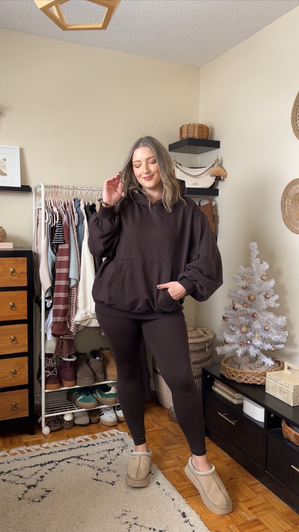 Dark chocolate brown comfy set from aerie 40% off! Wearing my usual size L in the leggings, sized down to M in the hoodie and it’s still oversized. Color is deep earth. Ugg Tazz fit TTS 


#LTKsale #LTKwinter #LTKmidsize