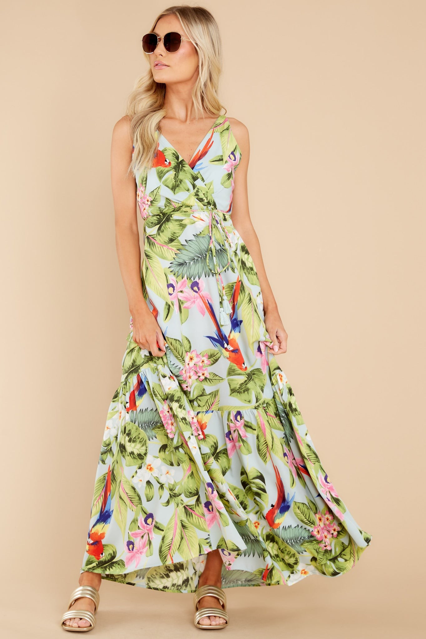 Exotic Getaway Sage Multi Tropical Print Maxi Dress | Red Dress 
