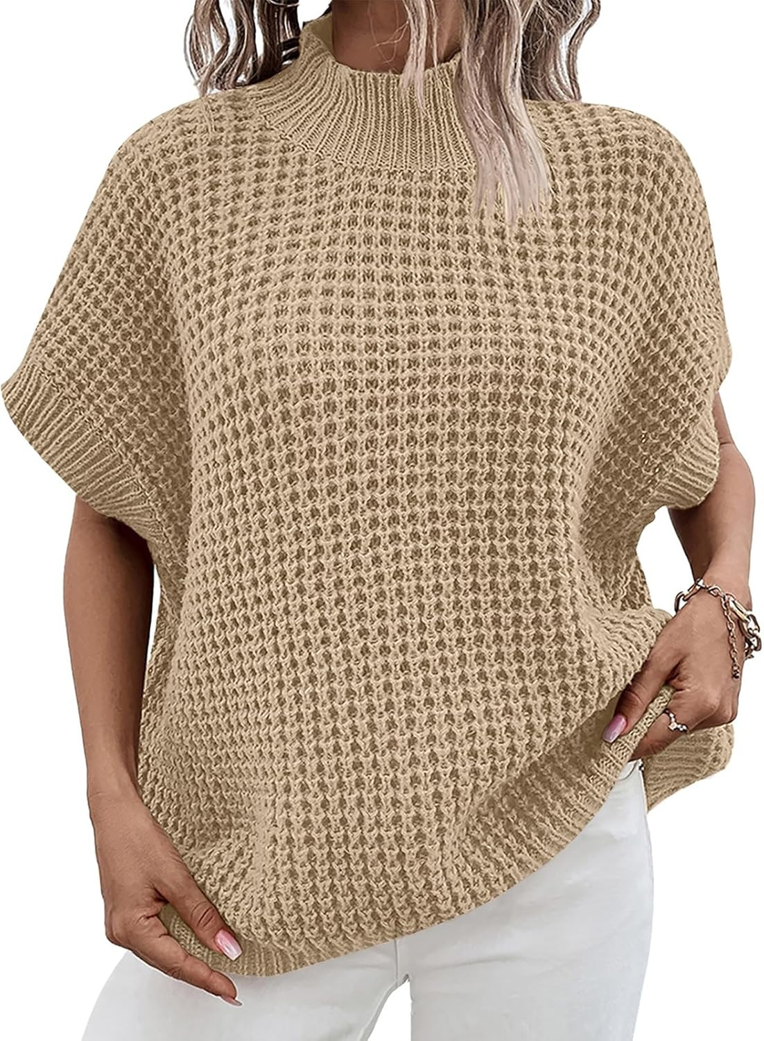 ANRABESS Women's Oversized Short Batwing Sleeve Mock Neck Sweater Vest 2024 Summer Sleeveless Swe... | Amazon (US)