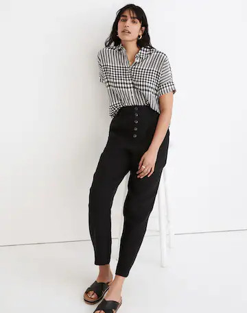 Cotton-Linen Pull-On High-Rise Tapered Pants: Button-Front Edition | Madewell